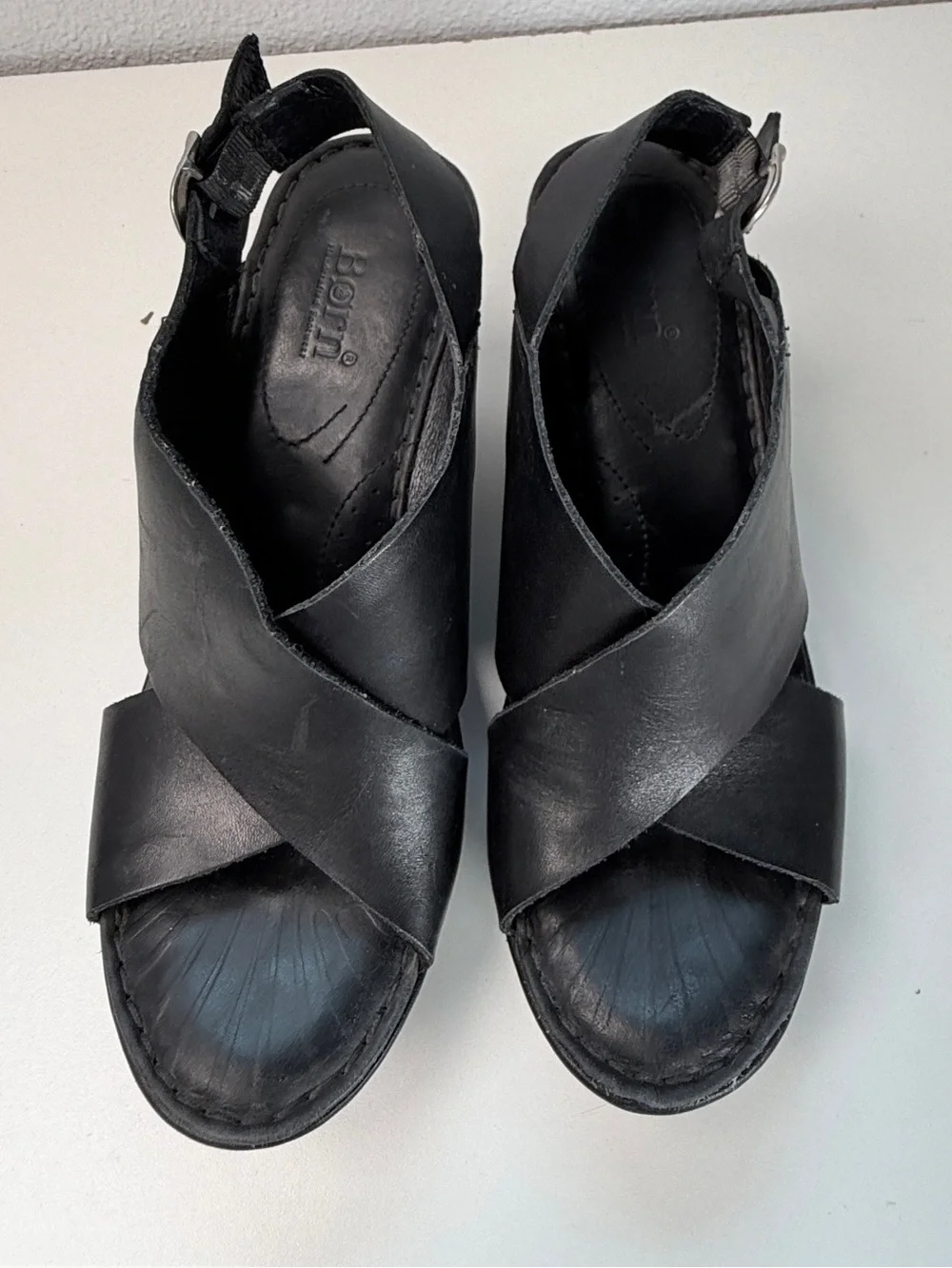 Born Black Leather Platform Wedge Sandals Slingback Comfort Heels size 8.5